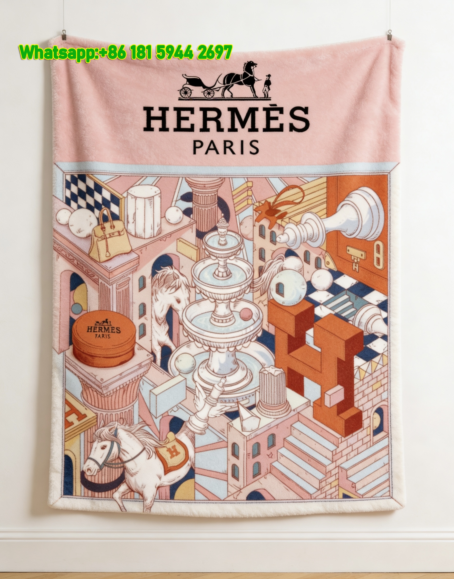 Hermes Surreal Pink Fantasy City Flannel Throw Blanket IMG_5311